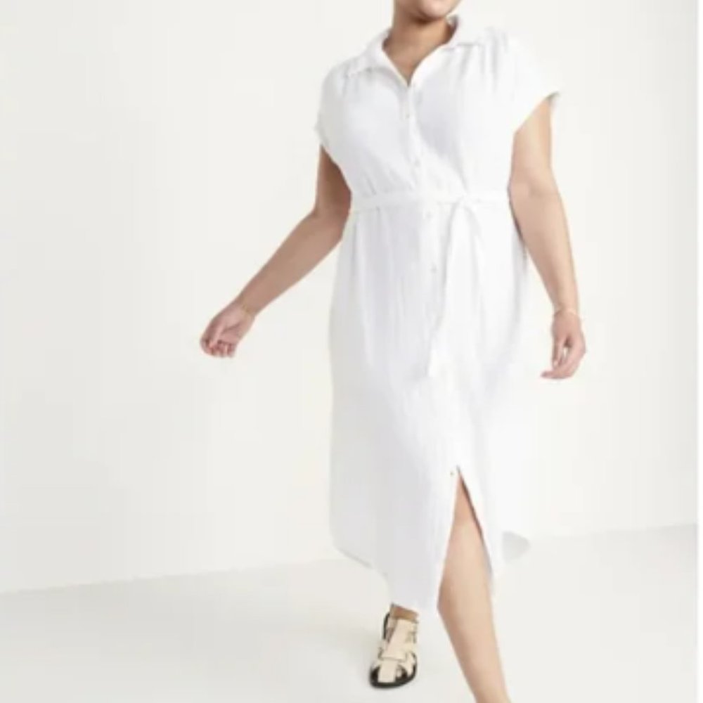 Old Navy Midi Shirt Dress Tie Waist Short Sleeve Seer Sucker Collared Button